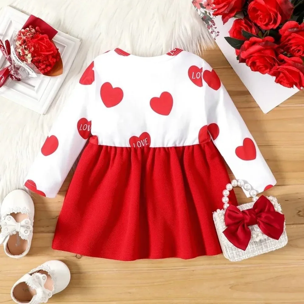 NWT-Baby Girl Red Love Heart Print Long-sleeve Splicing Bowknot Dress - Picture 3 of 4